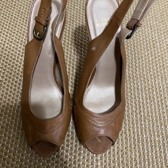 Stuart Weitzman Pumps Heels Size 10 Camel Leather Slingback Peep Toe Platform - Picture 3 of 10